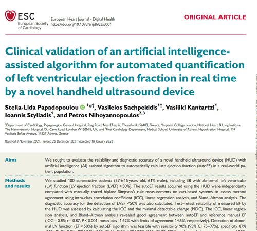 Clinical validation of an artificial intelligenceassisted algorithmfor automated quantification of left ventricular ejection fraction in real time by a novel handheld ultrasound device