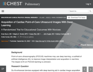 CHEST Pulmonary- AI-enhanced POCUS devices equipped with deep learning (Kosmos devices equipped with TRIO AI) help novice POCUS users acquire and interpret cardiac images.