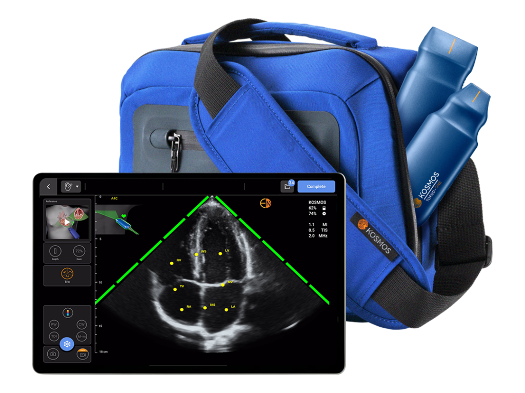 Tailored for on-the-go clinicians, Kosmos Mobile includes an Apple iPad Air or Pro,® cutting-edge AI, advanced Doppler capabilities, choice of proves, and Kosmos Essential Carrying Case.